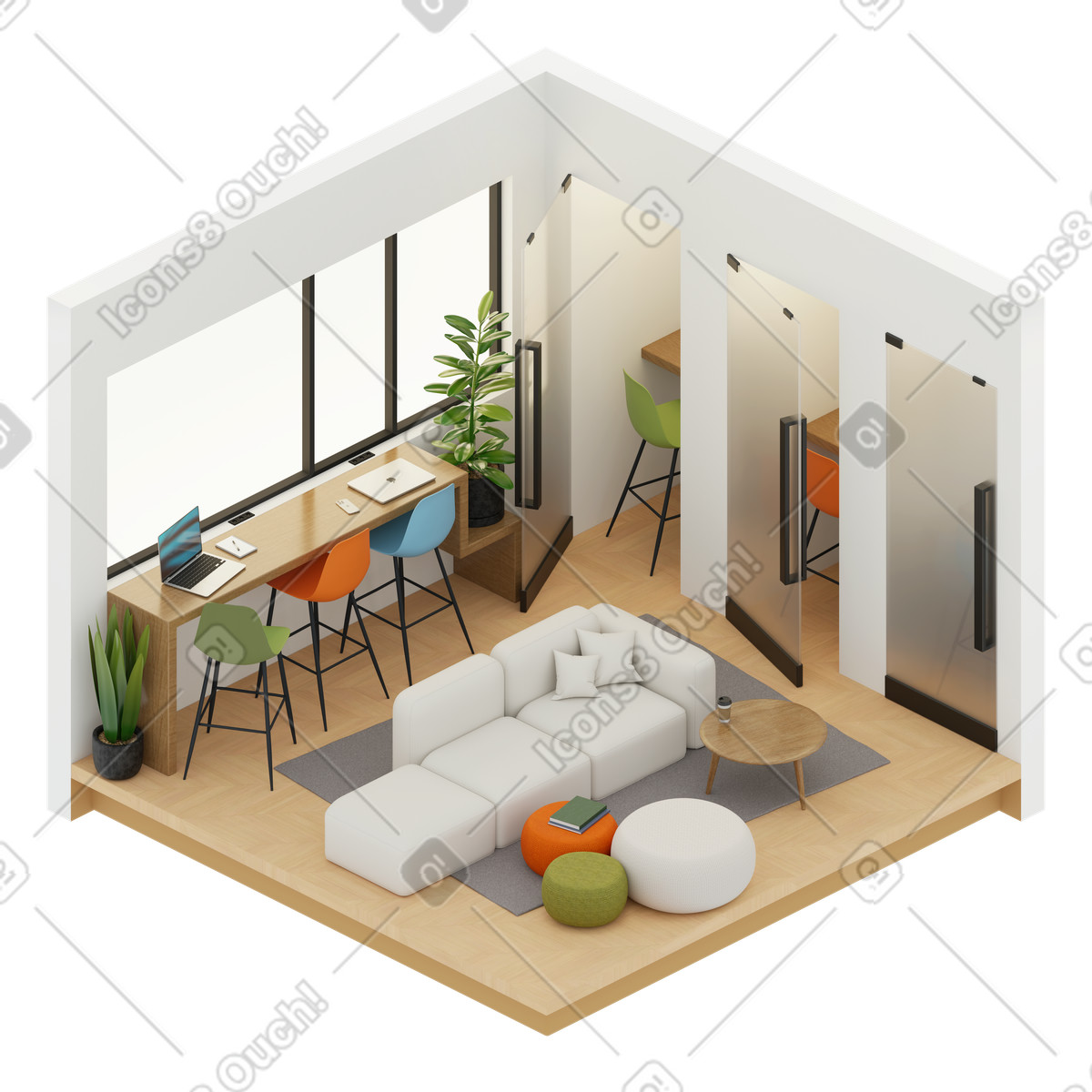 下载 3D Rooms 风格的 等距联合办公空间 插画，支持 PNG、SVG 格式
