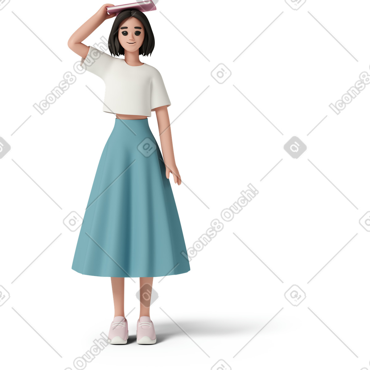 下载 3D Casual life 风格的 Young smiling woman holding book on her head 插画，支持 PNG、SVG 格式