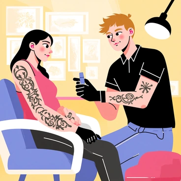 A tattoo artist with short brown hair and a focused expression is applying a black and grey tattoo on a client's arm. The client, a young woman with long dark hair, is sitting in a tattoo chair with her arm extended. The tattoo features intricate designs with detailed shading, showcasing various patterns. The artist is using a tattoo machine and is wearing black gloves. The tattoo studio has walls adorned with various tattoo flash artworks, and there is a bright light illuminating the workspace.