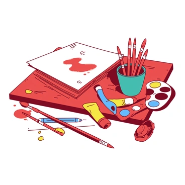 An array of red and yellow art supplies is scattered across a wooden workbench. There are tubes of paint in various sizes, some with caps off, spilling their contents. A set of blue colored pencils lies among the supplies, some sharpened and others with broken tips. A couple of small orange paintbrushes with frayed bristles rest next to a stack of white sketch paper, which has doodles on the top page. A teal container filled with markers stands upright, and several paint palettes with mixed colors are also visible. The workbench has a few small spills of paint, adding to the artistic chaos.