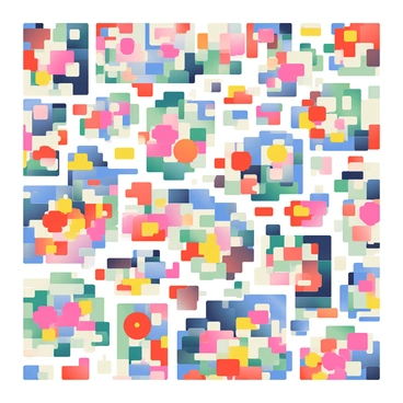 A collage made up of numerous pixelated images is arranged to create a complex and colorful pattern. The images include a variety of geometric shapes, vibrant flowers, and abstract designs, each in different shades of red, blue, yellow, and green. The overall composition features a mixture of small blocks that give a mosaic effect, blending together to form an intricate visual tapestry. Each pixel is distinct, yet they work harmoniously to draw the viewer's eye across the entire collage. 
