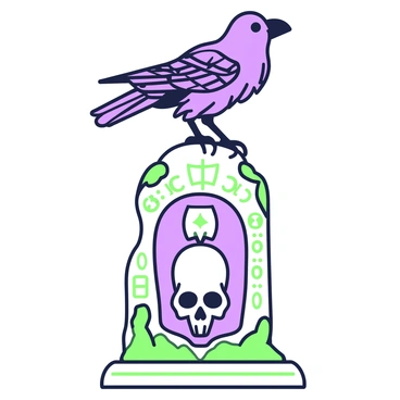 A stone carving on an ancient monument is prominently displayed. The carving features a raven intricately detailed with its wings slightly spread, perched above a human skull. The raven's feathers are textured, showcasing fine lines that emphasize its form. Below the raven, the skull is positioned at the center, with pronounced cheekbones and deep eye sockets. Surrounding these elements, there are decorative patterns and symbols etched into the stone, adding complexity to the scene. The monument has a weathered appearance, suggesting it has stood for many years.