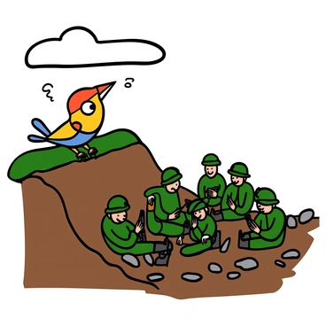 A curious bird with bright feathers perched on the edge of a trench, looking down at a group of soldiers below. The bird has large, expressive eyes and a small beak. The soldiers, wearing green uniforms, are sitting on the ground, some cleaning their gear while others are talking among themselves. The trench is surrounded by dirt and scattered rocks, and the sky above is clear with a hint of clouds. The bird appears alert and inquisitive, tilting its head as it observes the scene.