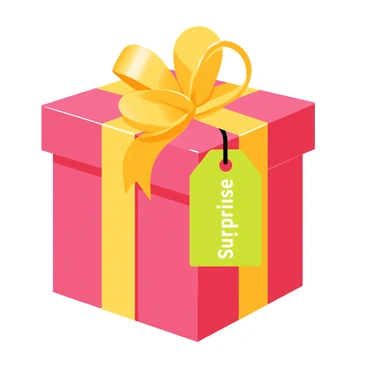 A gift box with a glossy red surface is positioned at the center of the image. The box is topped with a large, shiny golden ribbon that is elegantly tied into a bow. Attached to the box is a vibrant green price tag with a playful font that reads "Surprise!" in white letters. The background is simple to emphasize the details of the gift box and its decorations.