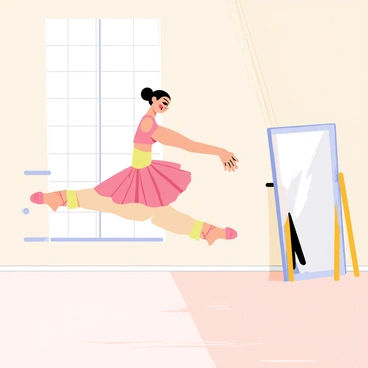 A dancer wearing a pink tutu and ballet shoes is performing a graceful leap in a ballet studio. The dancer is in mid-air, transitioning into a burpee with a focused expression. Large mirrors line one side of the studio, reflecting the dancer's movements. The wooden floor has a polished sheen, and soft, natural light pours in through tall windows, illuminating the space. Various ballet barre equipment is positioned around the studio, enhancing the setting.