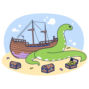 A giant eel with smooth, green scales is coiled around a sunken pirate ship on the seafloor. The ship has broken masts and weathered wooden planks, with seaweed clinging to its sides. Bubbles rise from the eel as it moves, creating small disturbances in the surrounding sandy ocean floor. Scattered around the scene are old treasure chests filled with gold coins and glimmering jewels, partially buried in the sand. Sunlight filters down from above, illuminating parts of the ship and the eel in a soft glow.