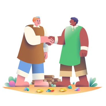 Two settlers are standing on an earthy ground, each with a confident expression, as they shake hands over a trade deal. One settler has light skin and is wearing a brown vest over a white shirt, while the other has dark skin and is dressed in a green tunic. Around them, various resource tokens are scattered on the ground, including wooden logs, shiny gold coins, and colorful gems. In the background, there are simple wooden structures and a few bushes, creating a sense of a settlement environment. Sunlight casts soft shadows on the ground, enhancing the lively scene.