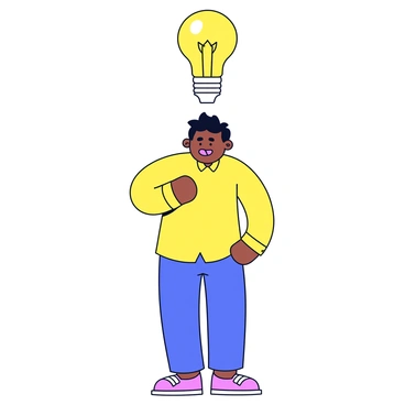 A character stands upright with a surprised expression on their face. Above their head hovers a bright yellow lightbulb, glowing with a warm light. The character is wearing a simple, solid-colored shirt and pants. Their hair is styled neatly, and their posture conveys a sense of excitement. The background is plain to emphasize the character and the lightbulb.