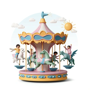 A colorful carousel featuring fantastical creatures instead of traditional horses. The carousel structure is made of intricately carved wood with vibrant paint, adorned with golden accents. Each fantastical creature is unique: there is a majestic unicorn with a shimmering mane, a dragon with iridescent scales stretching its wings, and a griffin with detailed feathers. Each creature stands on a decorative platform, surrounded by twinkling lights. The background includes a sky filled with fluffy clouds and a bright sun, illuminating the scene. Children are excitedly riding the creatures, with expressions of joy and wonder.