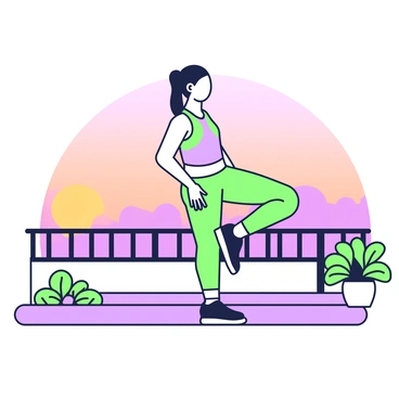 A person is performing a lunge position on a rooftop during sunset. The individual has one foot forward, bent at the knee, while the other leg is extended back, flat against the surface. They are wearing comfortable athletic clothing suitable for exercise. The sunset in the background casts a warm glow, creating a silhouette effect around the person. The rooftop has a railing, and a few scattered potted plants are also visible nearby. The sky is filled with shades of orange and purple as the sun descends.