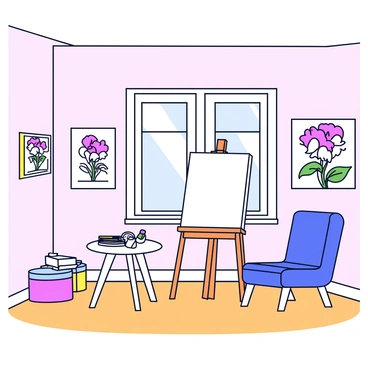 A drawing room with soft pastel-colored walls. The floor is wooden and polished. On the walls, there are several illustrations of cyclamen flowers pinned in simple frames. The cyclamen illustrations feature vibrant pink and white petals with green leaves. In one corner of the room, there is a small wooden easel with a blank canvas. A comfortable chair is placed near the easel, inviting the artist to sit and create. A small table holds art supplies like colored pencils and sketchbooks. The room is well-lit by a large window that lets in natural light.