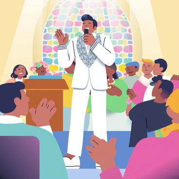 Elvis Presley is standing at the front of a small, lively church, singing gospel music passionately. He is wearing a classic white suit adorned with intricate silver embellishments. His hair is styled in his signature pompadour, and he is holding a microphone with one hand while gesturing expressively with the other. The congregation, consisting of diverse individuals, is engaged and clapping along to the music, with some people swaying in their seats. Colorful stained glass windows behind Elvis cast vibrant light across the scene, creating a warm atmosphere that enhances the moment. A wooden pulpit is visible to the side, adorned with a floral arrangement.