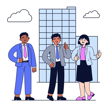 A group of three satisfied clients stands in front of a tall corporate building. The clients are smiling and each is giving a thumbs up gesture with one hand. They are dressed in business attire, with one wearing a blue suit, another in a grey blazer, and the last in a black dress. The corporate building features large glass windows and a modern design. The sky above is clear with a few fluffy white clouds.