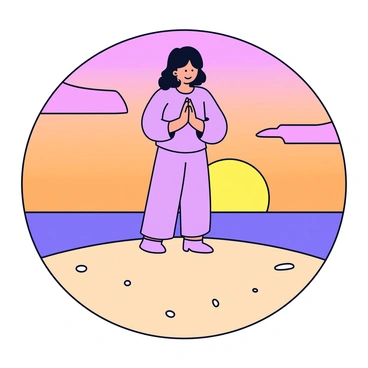 A person standing on top of a large sand dune during sunset. The individual is dressed in a simple, flowing outfit that gently billows in the light breeze. They have their hands pressed together in a "namaste" pose, with their head slightly bowed. The sky is filled with warm tones of orange, pink, and purple as the sun sets on the horizon. The sandy texture of the dune is visible beneath their feet, creating a contrast with the colorful sky.
