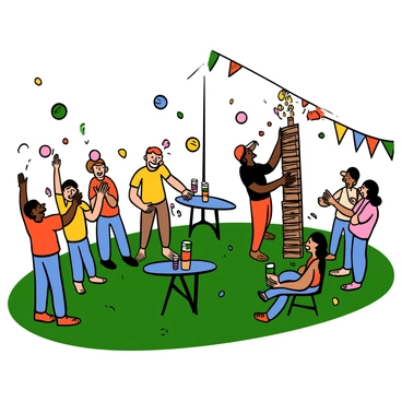 A lively outdoor scene at a sports bar with several guests engaged in interactive games. A group of four light-skinned individuals is playing cornhole, tossing bean bags towards the targets with cheerful expressions. Nearby, a dark-skinned man is balancing a large wooden block tower of giant Jenga, concentrating intently while two light-skinned women watch with excitement. Sunlight casts playful shadows on the grass, and colorful banners decorate the area, creating a festive atmosphere. Tables with drinks are scattered around, and a few people are seated, enjoying the lively environment.