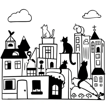 Several cats perched on rooftops, surveying a bustling city skyline filled with tall buildings and intricate architecture. The rooftops are adorned with various items like potted plants and weathered furniture. The city below is lively, with outlines of cars and people moving about, creating a sense of activity. The sky is filled with clouds, adding depth to the scene, while the cats maintain a watchful posture against the backdrop of the urban landscape.