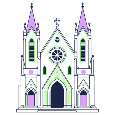 A detailed architectural sketch of an old cathedral with multiple arches and intricate stone carvings. The cathedral features a large central entrance framed by ornate decorations. Above the entrance, a circular rose window is prominently displayed, surrounded by smaller arched windows on both sides. Towering spires rise from the roof, each adorned with delicate finials. The stonework exhibits fine details, including floral motifs and geometric patterns. The sketch captures the grandeur of the facade, emphasizing the symmetry and elegance of the structure.