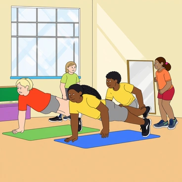 A group of five students in a school gym, engaged in knee push-ups. Two students with light skin, one with short blond hair and the other with curly brown hair, are positioned at the front, focusing on their push-ups. A girl with dark skin and braided hair, wearing a yellow t-shirt and grey shorts, is in the middle, demonstrating good form. To her right, a boy with medium skin and short black hair is struggling a bit but remains determined. The fifth student, a girl with light skin and red hair in pigtails, is at the back cheering them on. The gym has a large mirror on one wall, and colorful gym mats are spread out on the floor for comfort and safety. Sunlight streams in through the high windows, illuminating the energetic atmosphere.