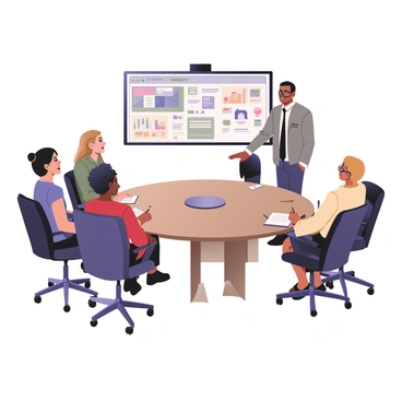 A digital flat illustration depicting a conference room setting with a large table at the center. Around the table, there are five diverse clients sitting in modern chairs, each looking attentively at a large digital screen displaying an illustration proposal. The first client, a woman with dark hair in a bun, is wearing a blue blouse. The second client, a man with light skin and short brown hair, is wearing a gray suit. A third client, a woman with curly hair and glasses, is in a red dress. The fourth client, a man with a beard, is dressed in a casual sweater and jeans. The last client, a woman with blonde hair, is wearing a yellow top. On the screen, there are vivid illustrations showcasing various design concepts, colorful charts, and graphics. A notepad and pens are placed on the table in front of each client. The atmosphere conveys focus and engagement.