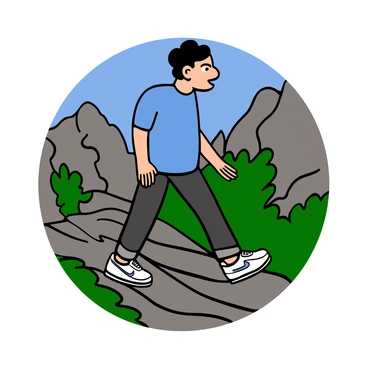 A person with light skin and short black hair is walking along a rugged mountain pass. They are wearing a casual outfit consisting of a blue t-shirt and dark jeans. On their feet, they have iconic white Air Force 1 sneakers. The mountain scenery features rocky cliffs and green vegetation in the background, with a clear blue sky overhead. The person is looking forward, taking in the beautiful landscape around them.