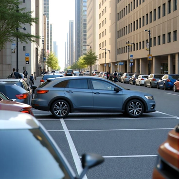 A crossover SUV in a metallic blue color is maneuvering into a tight parking spot on a busy city street. The vehicle has sleek lines and modern design elements, with tinted windows and alloy wheels. Surrounding the SUV, there are various parked cars in different colors and sizes, showcasing the urban environment. Pedestrians can be seen walking along the sidewalk, some glancing at the SUV as it navigates the space. Tall buildings in neutral tones rise in the background, adding to the bustling city atmosphere. Street lamps and traffic signs are visible, enhancing the urban setting.