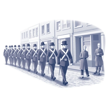A regiment of British soldiers is marching in formation along cobblestone streets. The soldiers are wearing traditional uniforms with distinct details, including jackets and hats. Surrounding them are historic buildings with brick facades and window shutters, reflecting the architecture of the period. The ground is made up of uneven cobblestones, showcasing the passage of time. A few onlookers, dressed in period-appropriate clothing, are watching the regiment pass by, creating a sense of interaction with the scene.