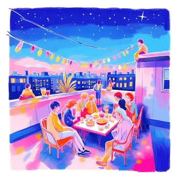 A rooftop party is taking place under a clear night sky filled with twinkling stars. Colorful string lights are hung around the edge of the rooftop, illuminating a group of people engaged in conversation and laughter. There are various colorful drinks in glasses on the tables, and a small buffet table displays an array of snacks. In the background, a person is gazing from the edge of a neighboring building, looking towards the party. The scene captures a vibrant atmosphere with a sense of connection and celebration.