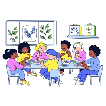 A group of children sitting at a long table in an art classroom, each focused on painting olive branches. The children are using a variety of bright colors, with paintbrushes in their hands and paint palettes nearby. Each child's canvas displays their unique interpretation of an olive branch, showcasing different colors and styles. The walls of the classroom are decorated with children's artwork. The children are smiling and chatting, creating a lively and joyful atmosphere.