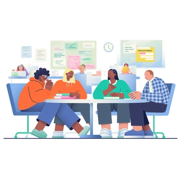 A group of four students is sitting at a large round table in a busy language school. Each student has a different appearance; one has curly black hair and is wearing glasses, another has short blonde hair with an orange hoodie, the third has long straight brown hair and is dressed in a blue sweater, while the last student has a buzz cut and is wearing a plaid shirt. They are all engaged in a conversation, with books and notebooks scattered across the table. In the background, other students can be seen sitting at desks, working on their own tasks. The walls are adorned with colorful language posters and motivational quotes. One student is gesturing animatedly while another is taking notes, and a clock on the wall shows that it is mid-afternoon.