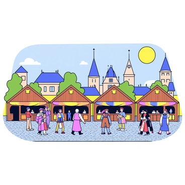 A medieval fair scene set in Tallinn featuring cobblestone streets. There are several wooden stalls arranged in a row, each adorned with colorful banners. People in period costumes are strolling through the fair, some wearing tunics and dresses with intricate embroidery. A jester in a colorful outfit performs nearby, entertaining a small group of onlookers. In the background, historical buildings with tall spires provide a backdrop, adding to the medieval atmosphere. The sky is clear with a warm sunlight illuminating the scene.