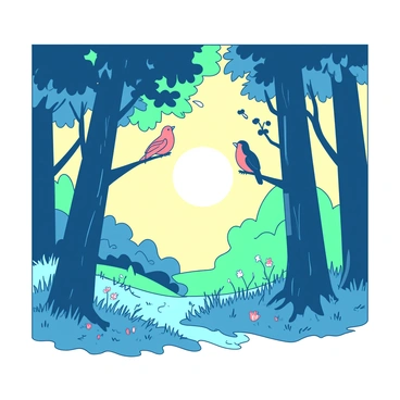 A duotone illustration depicts a peaceful forest at dawn, with tall trees casting long shadows. The sun's first light creates a soft glow through the leaves, illuminating the scene. Birds are perched on various branches, each one singing its morning song. The ground is covered with a gentle layer of dew, glistening in the early light. Some small wildflowers peek through the underbrush, adding a touch of color to the serene forest atmosphere.