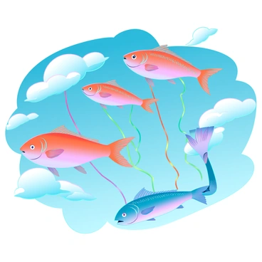 A group of vibrant fish in various colors, including orange, blue, and yellow, are swimming gracefully in a clear blue sky. Each fish is tethered to colorful strings that resemble balloon ribbons, with some strings featuring bright patterns. The fish are depicted with flowing fins and shimmering scales, catching the light as they glide through the air. The scene conveys a sense of whimsy as the fish move in a swirling pattern, resembling a playful parade among fluffy white clouds.