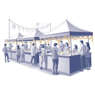 A vibrant festival scene featuring several stalls decorated with "marigold garlands" hanging from above. Each stall is bustling with activity, showcasing various goods and colorful items. People of different ages are engaged in conversations and browsing the merchandise. The atmosphere is lively, with smiles and laughter filling the air. A variety of ornamental lights can be seen adding to the festive spirit. In the background, there are decorative banners and flags, creating a sense of celebration and joy.