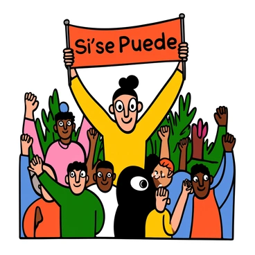 A vibrant piece of protest art featuring bold colors and striking imagery. Central to the composition is a figure of a light-skinned man with big eyes, holding a banner that reads "Sí Se Puede" in clear lettering. Surrounding him are diverse individuals, including a dark-skinned woman with big eyes and long black hair, raising their fists in solidarity. The background is filled with symbols of farm workers, like crops and fields, representing the agricultural struggles. This illustration captures the spirit of activism and community inspired by César Chávez's message.