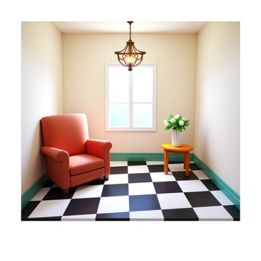 A room featuring a classic black and white checkerboard floor pattern. The walls are painted in a soft, neutral tone. There is a vintage chandelier hanging from the ceiling, providing warm illumination. In one corner, a plush armchair upholstered in a rich fabric complements the floor pattern. A small wooden coffee table is placed in front of the chair, adorned with a vase of fresh flowers. Natural light streams in through a large window, casting gentle shadows across the floor.