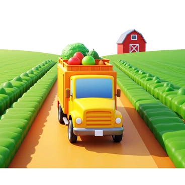 A yellow truck loaded with fresh produce, including crates of fruits and vegetables, is driving down a dirt road on a farm. The truck is surrounded by green fields, showcasing rows of crops on either side of the road. Sunlight casts shadows on the dirt path, creating a warm, inviting atmosphere. In the distance, a red barn is visible, adding to the rural charm of the scene. The truck's tires kick up a small cloud of dust as it moves forward.