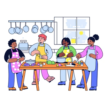 A group of four people wearing colorful aprons, each with a unique pattern. They are gathered around a large wooden table filled with various cooking ingredients such as vegetables, spices, and utensils. One person is chopping onions, while another is stirring a pot on the stove. The kitchen is busy, with pots and pans hanging from a rack above and a variety of appliances visible in the background. Bright light streams in from a window, illuminating the scene.