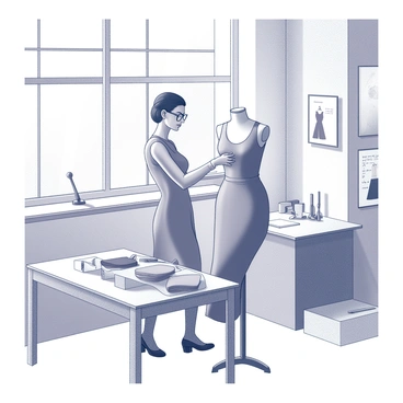 A fashion designer is standing beside a mannequin in a well-organized studio. The designer is focused on adjusting the fit of a dress on the mannequin. There are various fabric swatches and sewing tools scattered on a worktable nearby. The studio is equipped with large windows allowing natural light to illuminate the space, highlighting the details of the dress. The walls are adorned with sketches and fashion illustrations. The designer is wearing a stylish outfit, showcasing their personal flair as they work.