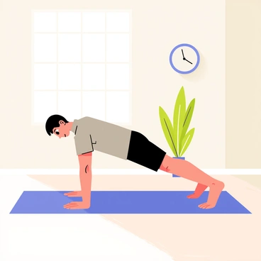 A person performing pike push-ups on a blue yoga mat in a quiet room. The individual has short black hair and is wearing a fitted grey workout shirt and black shorts. Sunlight filters through a large window, casting soft shadows on the light wood floor. A small indoor plant is placed in the corner, adding a touch of green to the scene. The walls are painted a calming light color, and there is a clock on the wall showing a time that suggests early morning. The person has a focused expression, embodying mindfulness as they engage in their workout routine.