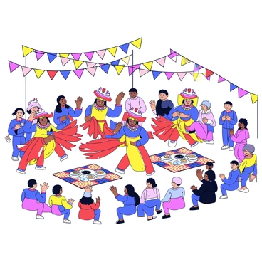 A lively festival with dancers dressed in thunderbird costumes and colorful decorations