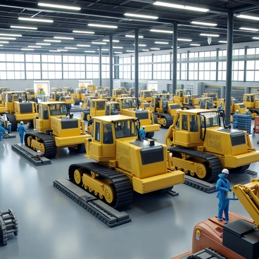 A large factory interior with high ceilings and bright overhead lights. An assembly line stretches across the factory floor, featuring several bulldozers in various stages of construction. The bulldozers are yellow, with large tracks and sturdy frames, some with partially assembled engines visible. Workers in blue uniforms and safety helmets are seen operating machinery and moving parts. The background includes large windows allowing natural light to flood in, illuminating tool stations and stacks of equipment.
