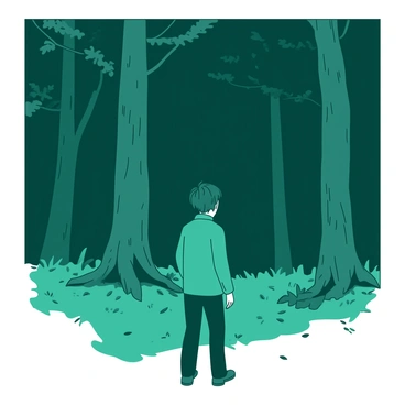 A teal person standing at the edge of a dark forest, surrounded by tall, looming trees with thick trunks and dense foliage. The forest is shrouded in deep shadows, creating an atmosphere of uncertainty. The person's body language expresses nervousness, with their shoulders slightly hunched and their head turned towards the forest, as if contemplating whether to step forward or not. The ground is covered in a mixture of leaves and sparse grass, adding to the tension of the scene.