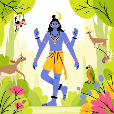 A figure representing "Shiva" with four arms, adorned with traditional jewelry and a crescent moon on his head, is walking through a "lush green forest". The forest is filled with vibrant, leafy trees and colorful flowers. Various wildlife can be seen in the background, including a playful monkey swinging from a branch, a deer grazing peacefully, and a colorful parrot perched on a tree. Sunlight filters through the leaves, casting dappled shadows on the forest floor. "Shiva" has a serene expression as he walks, embodying harmony with nature.