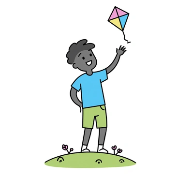 A black boy, wearing a blue t-shirt and green shorts, is standing on a breezy hilltop. He is holding a colorful kite with a bright pattern of red, yellow, and blue, which is soaring high in the clear sky. The boy has a big smile on his face as he looks up at the kite, basking in the warmth of the sun. The grassy hilltop is gently rolling, with a few scattered wildflowers adding pops of color to the scene.