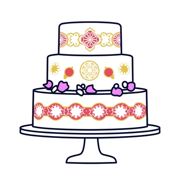 A multi-tiered wedding cake with three levels, each tier having a different shade of white frosting. The cake features intricate Indian motifs, including paisley patterns and mandalas, painted in gold and deep red. Delicate floral accents, including small pink roses and white jasmine, are woven around the tiers. The cake is placed on a simple white cake stand.
