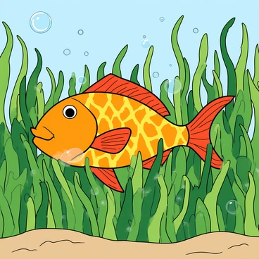 A colorful fish with bright scales is weaving through a dense bed of lush green seaweed. The fish has elongated fins that gently sway as it moves. The seaweed is rich in various shades of green, with some strands curling and others standing tall. Small bubbles are rising from the ocean floor, adding movement to the scene. Light filters through the water, creating patterns on the fish's body and illuminating the seaweed around it. The background features hints of other aquatic plants and the soft contours of the ocean floor.