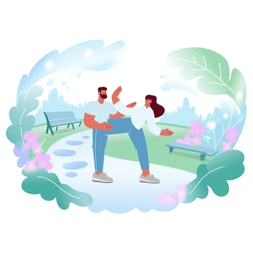 A caregiver is demonstrating exercises to an elderly person in a lush, vibrant garden. The caregiver is wearing comfortable athletic clothing and is guiding the elderly person, who is dressed in a light sweater and pants. Surrounding them are blooming flowers in various colors, with green foliage providing a fresh backdrop. A soft path made of stones leads through the garden, enhancing the tranquil atmosphere. Nearby, there are benches and a small fountain that adds to the serene setting. Sunlight filters through the leaves, casting gentle patterns on the ground.