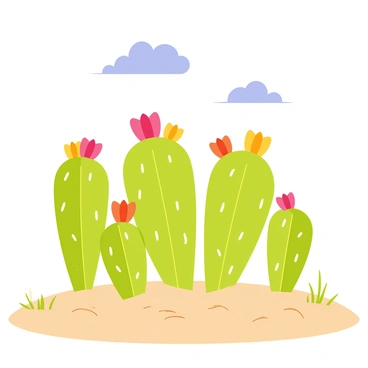 A group of cactus plants is positioned in a desert landscape, each displaying vibrant green spiky stems. The plants are adorned with colorful flower buds in shades of pink, yellow, and orange, some of which are just beginning to bloom. The desert ground is covered with fine, light brown sand, and small patches of dry grass are scattered around. The sky above is a bright blue, with a few fluffy white clouds drifting lazily. The scene conveys the natural beauty of desert flora coming to life.