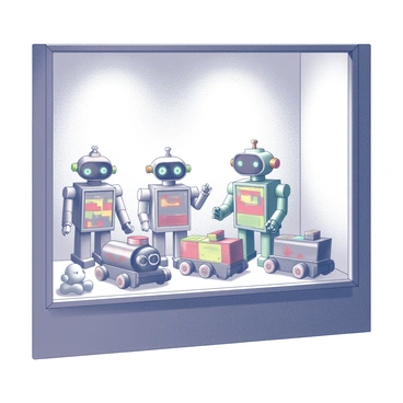 A shop window displays a variety of classic toys. In the center, there are several colorful tin robots with intricate designs, each posed in different playful stances. To one side, a selection of wooden trains is lined up, featuring cars in various shapes and sizes. The trains have visible details like wheels and colorful paintwork, highlighting their craftsmanship. The backdrop of the window is adorned with soft lighting that enhances the nostalgic feel of the toys. A few small plush toys sit in the corners, adding warmth to the scene.