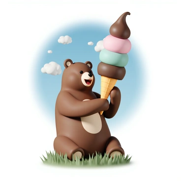 A large brown bear is sitting on its hind legs, holding a giant ice cream cone. The ice cream cone is towering high with three colorful scoops: pink, mint green, and chocolate brown at the top. The bear has a delighted expression, with its mouth open slightly as it tastes the ice cream. Bright sunlight shines from above, creating a warm glow on the bear's fur and the ice cream. In the background, a clear blue sky stretches out, dotted with a few fluffy white clouds. The grass beneath the bear is lush and green, adding to the cheerful atmosphere of the scene.